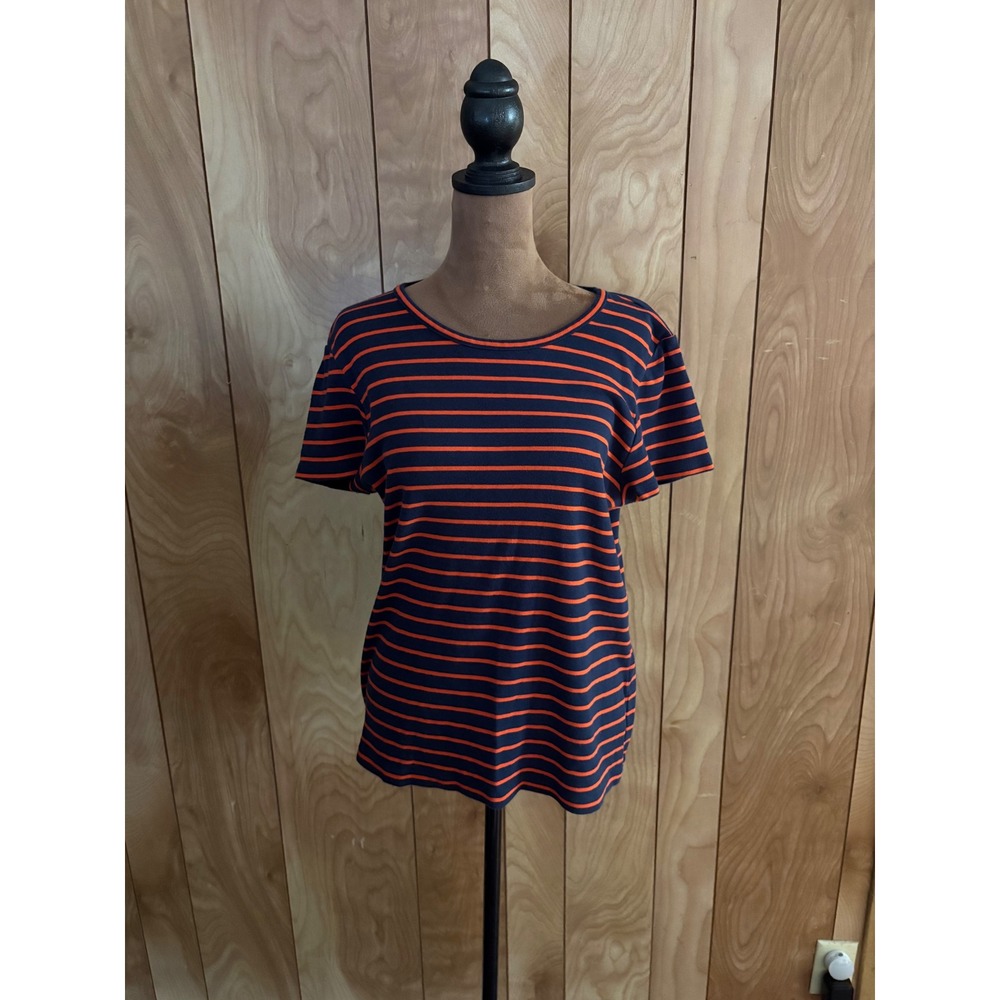 J.Crew Fine Rib Cotton Tee Navy Blue Orange Striped Short Sleeve Shirt XL